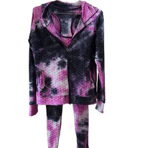 Women's 3 Piece Pink/Gray/Purple Tie Dye Honeycomb Active Wear Set Size S/M